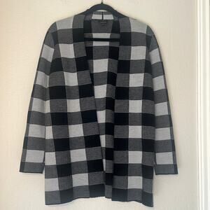 Talbots 100% merino wool black/white buffalo plaid longline cardigan,‎ Small